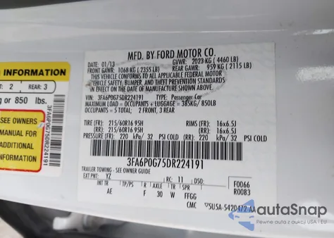 2013 Ford Fusion S z USA, uszkodzony, nr VIN 3FA6P0G75DR224191